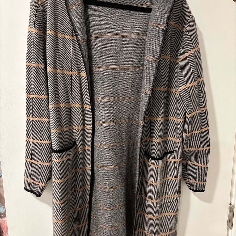 Cozy Gray and Tan Striped Cardigan Sweater
